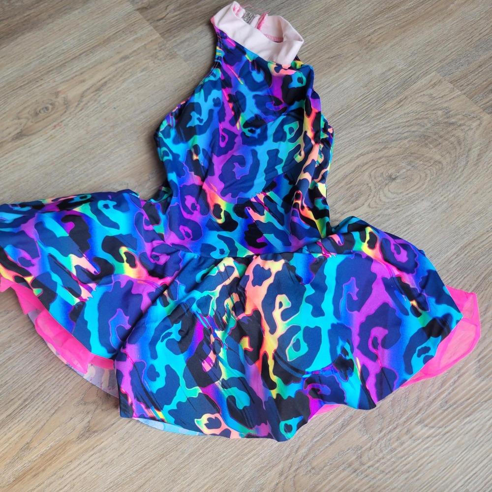 Girls Dance Leotard Size 6 Multicolor Leopard Print Neon Tutu Gymnastics Dress